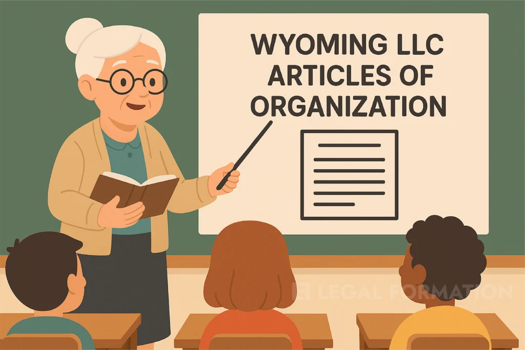 Cartoon of an old lady teacher teaching a class on the Wyoming LLC Articles of Organization.