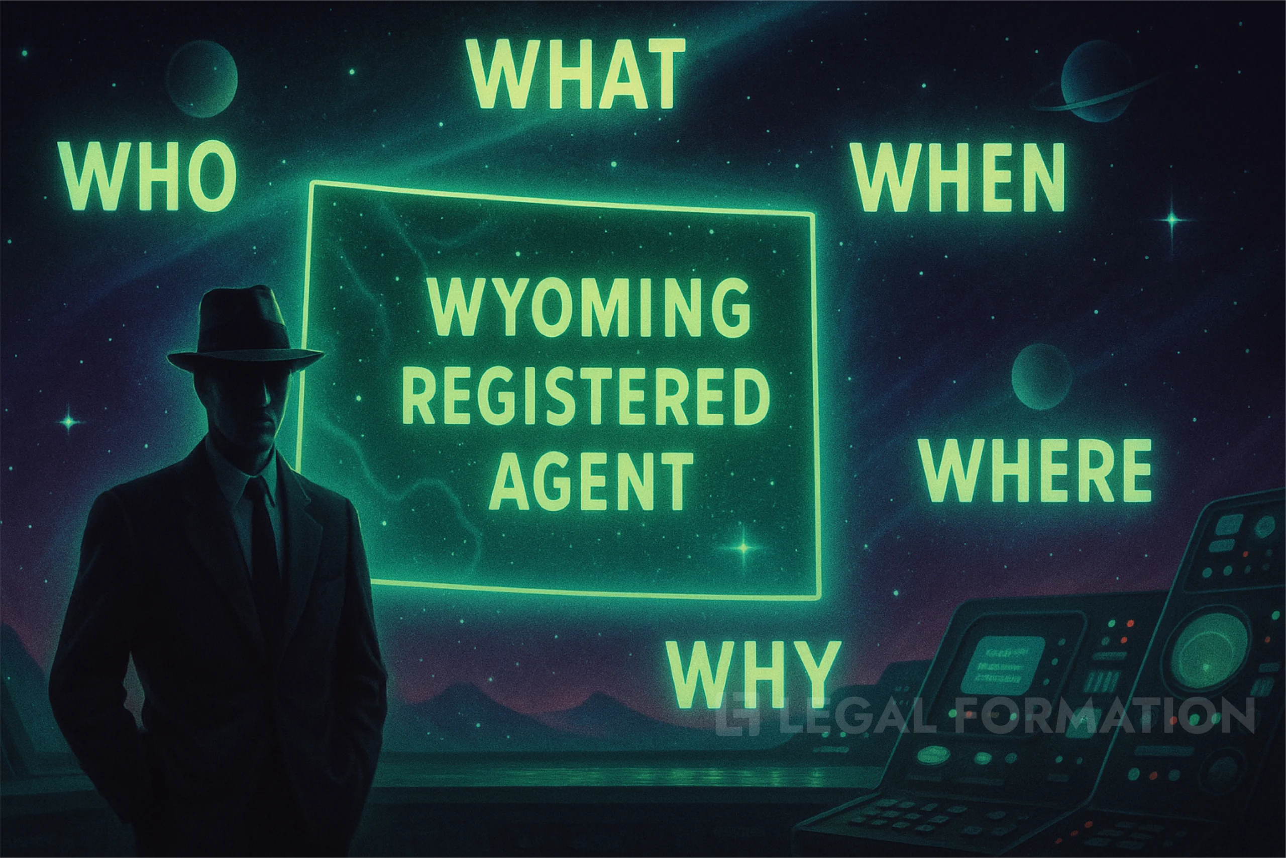 A mysterious illustration on the who, what, when, where, and why of Wyoming Registered Agents.