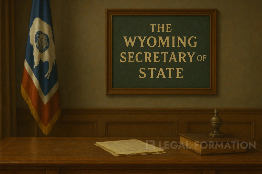 A desk with a sign on the wall that reads "the Wyoming Secretary of State".