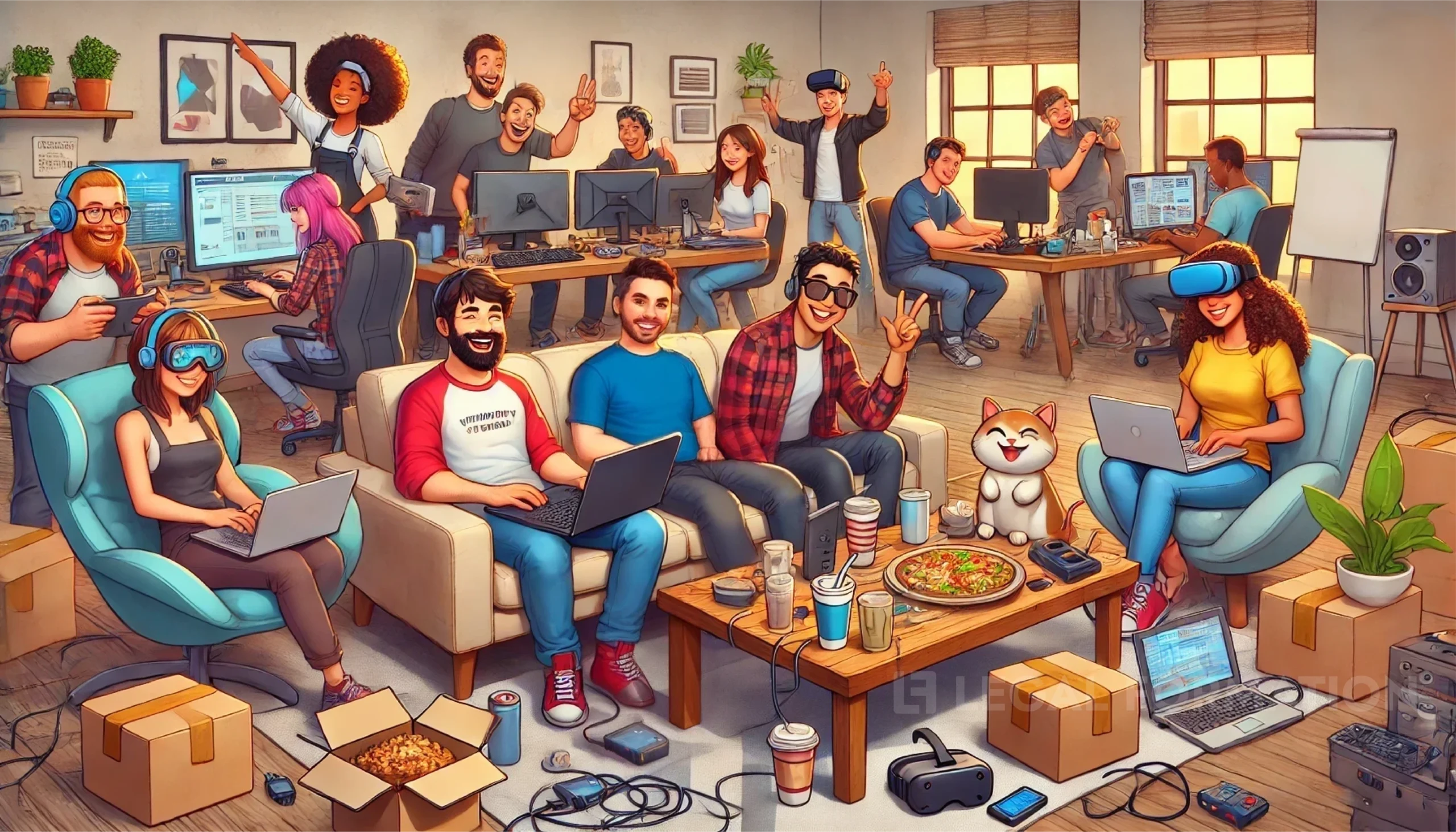 Illustration of woke millennials creating an app with a Wyoming LLC. Location is a So Cal incubator residence.