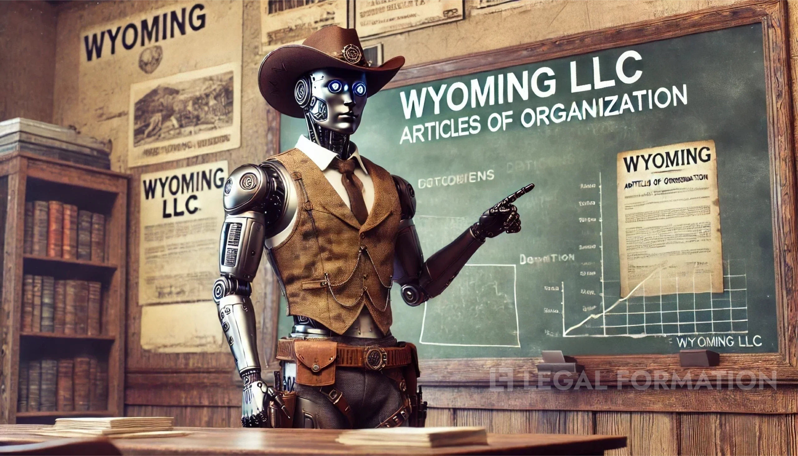 A cowboy robot teacher instructs how to download Wyoming LLC Articles of Organization