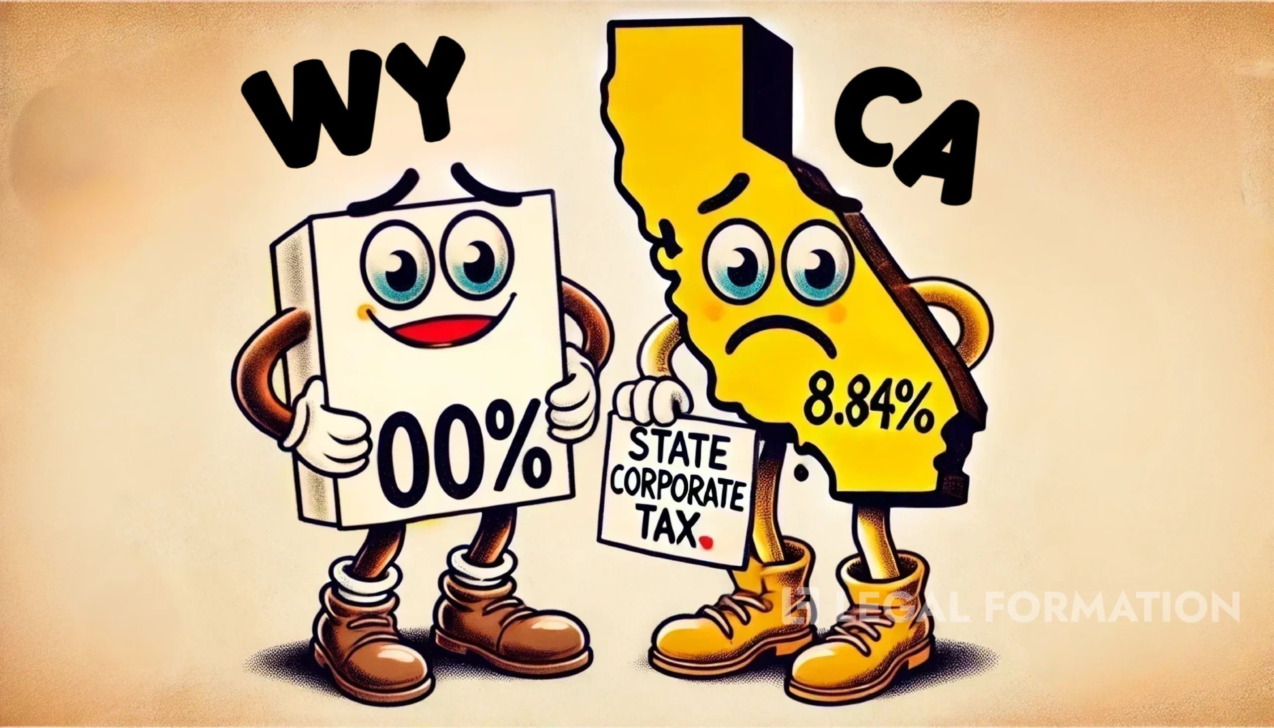 Cartoon of Wyoming vs California in business climate.