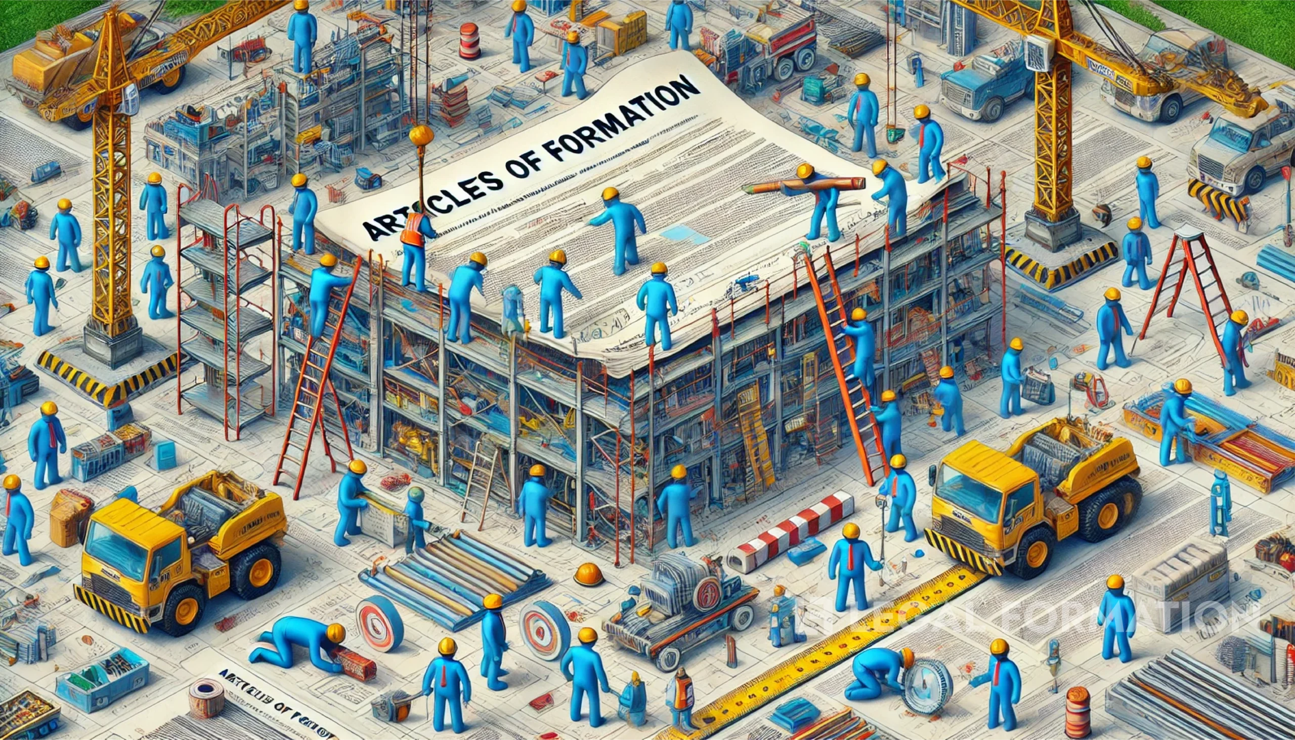 Cartoon illustration of construction workers amending a Wyoming LLC that looks like a building.