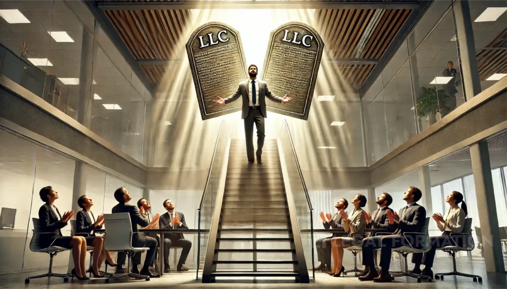 Illustration of a business carrying a Wyoming LLC Operating Agreement, the commandments of a Wyoming LLC.