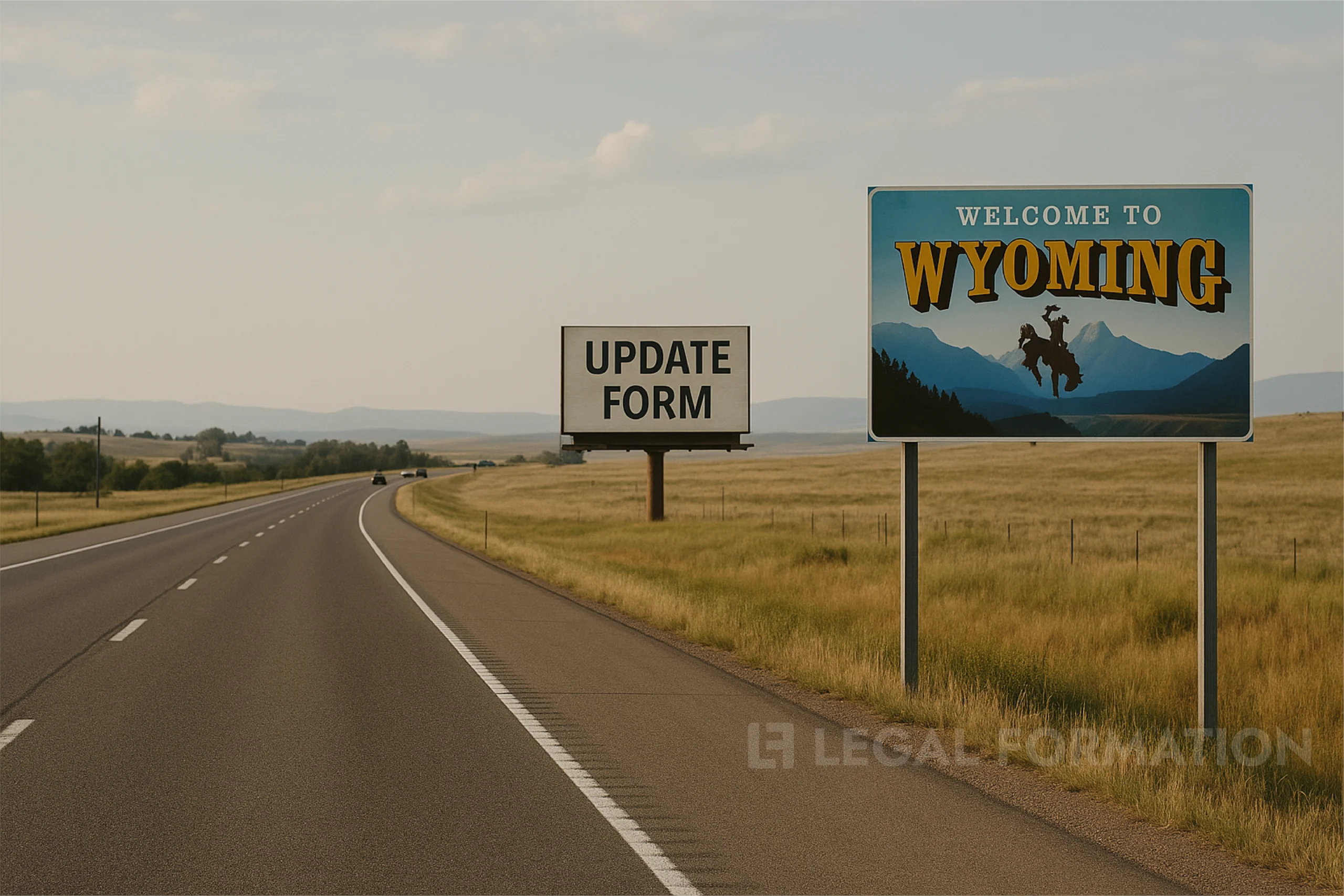 A Wyoming LLC Update Form on a highway sign.