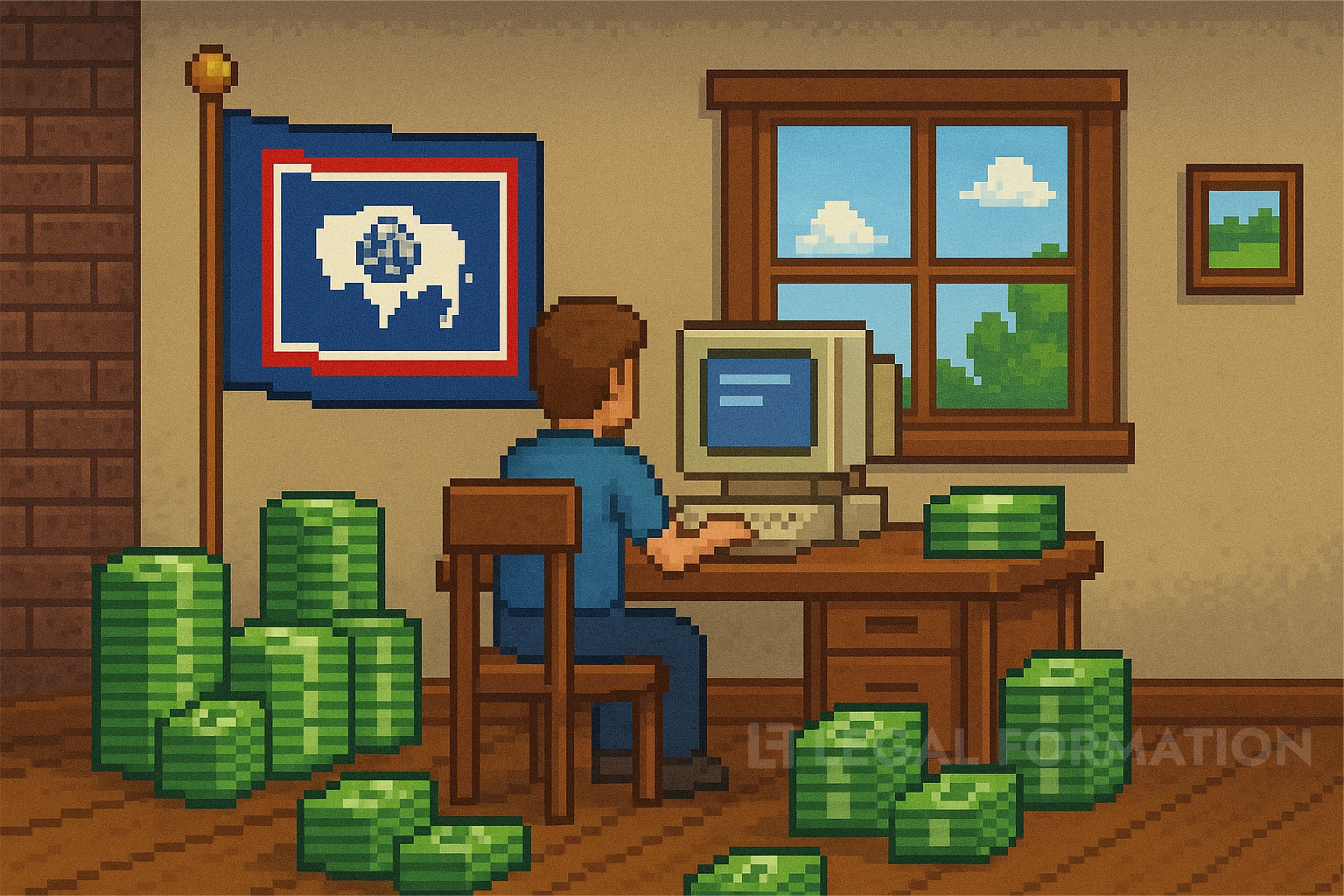 8 bit illustration of a man running his business from home with a Wyoming LLC.