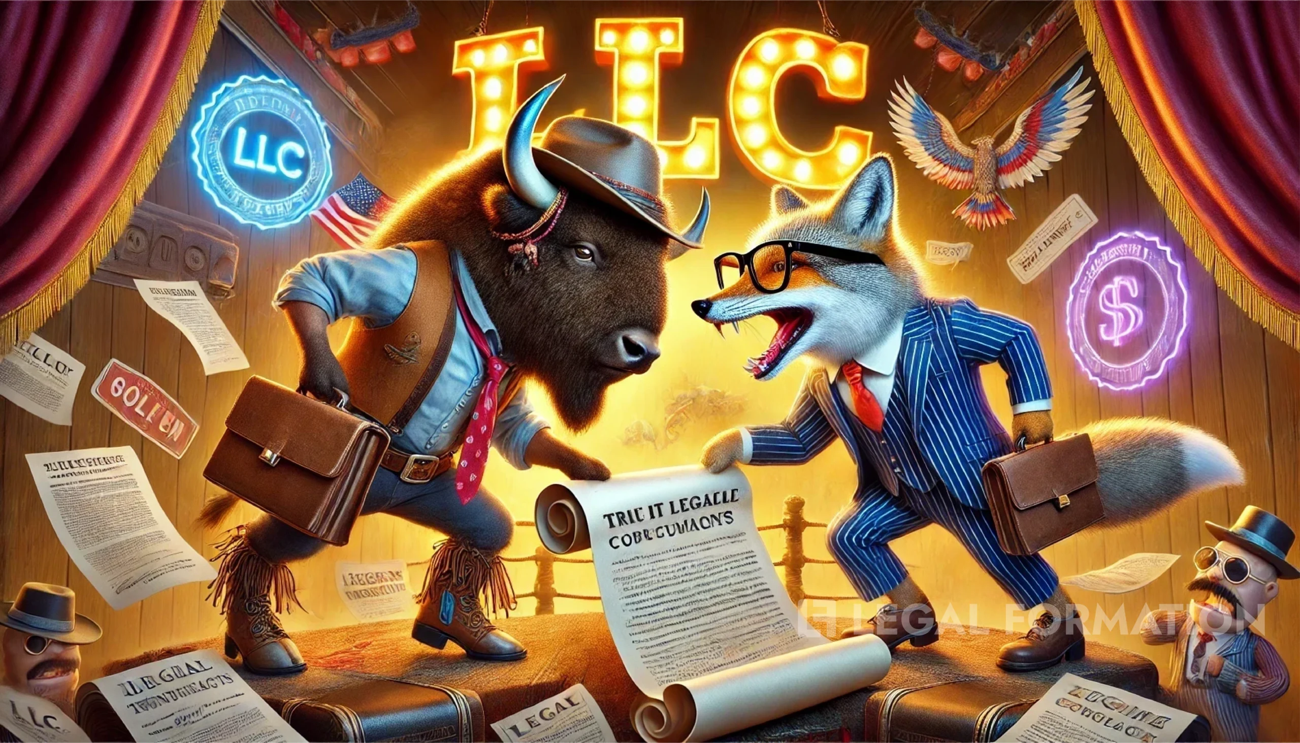Wyoming buffalo fighting a Delaware fox over who has the best LLC structure.