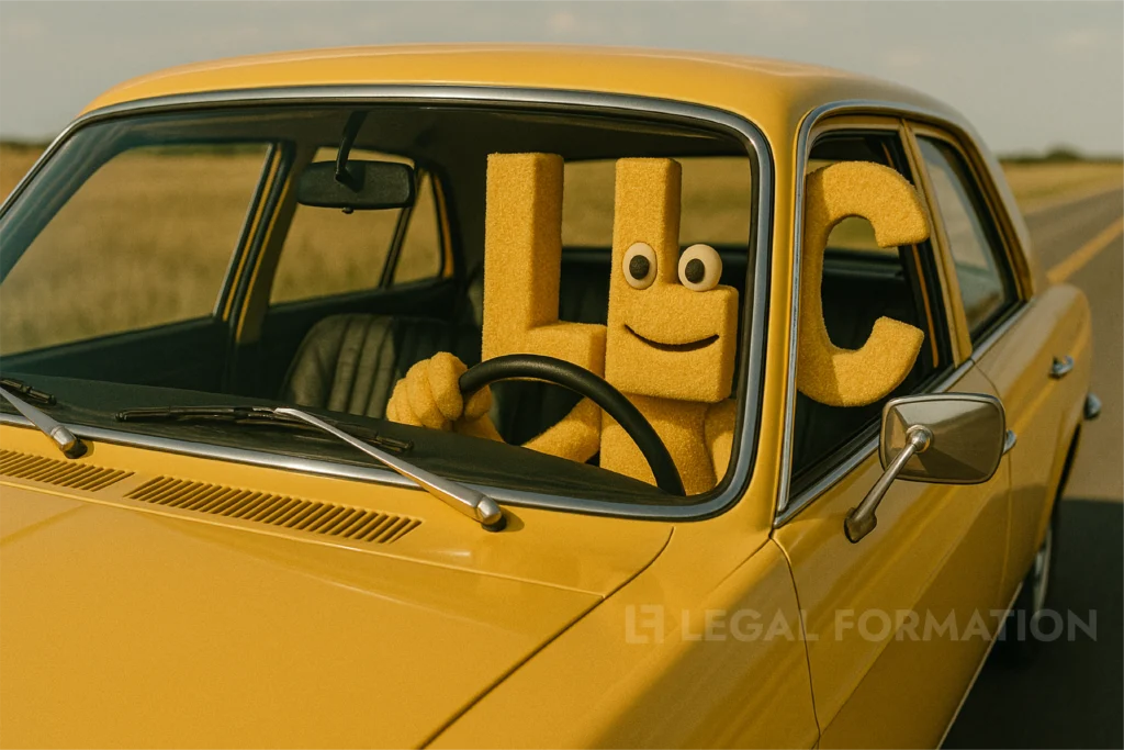 A puppet Wyoming LLC monster drives an old car it owns.