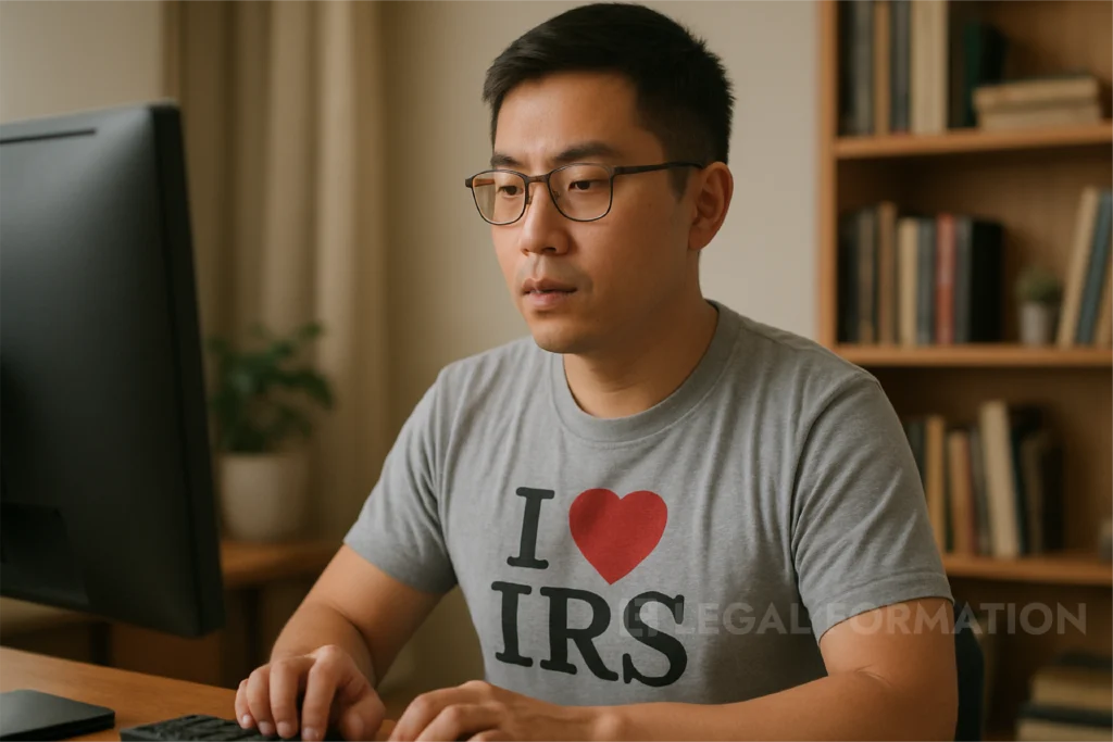 A man with an I Love IRS T Shirt is sitting at his computer desk and filing for a Wyoming LLC EIN.