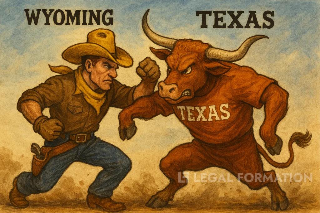 Cartoon of a Wyoming Cowboy fighting a Texas bull for best LLC bragging rights.