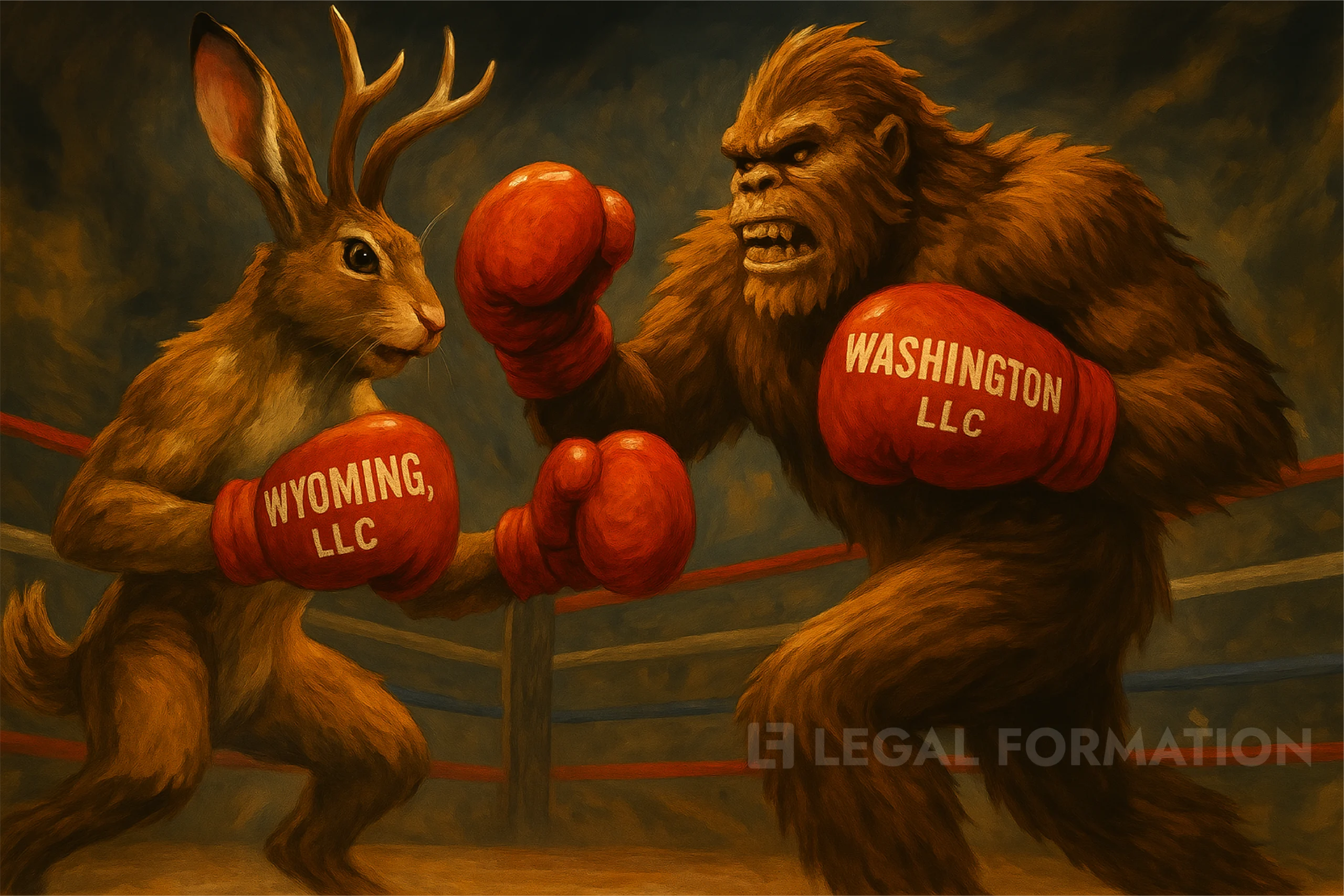 Wyoming Jackalope fighting a Washington Sasquatch to see who has the best LLC.