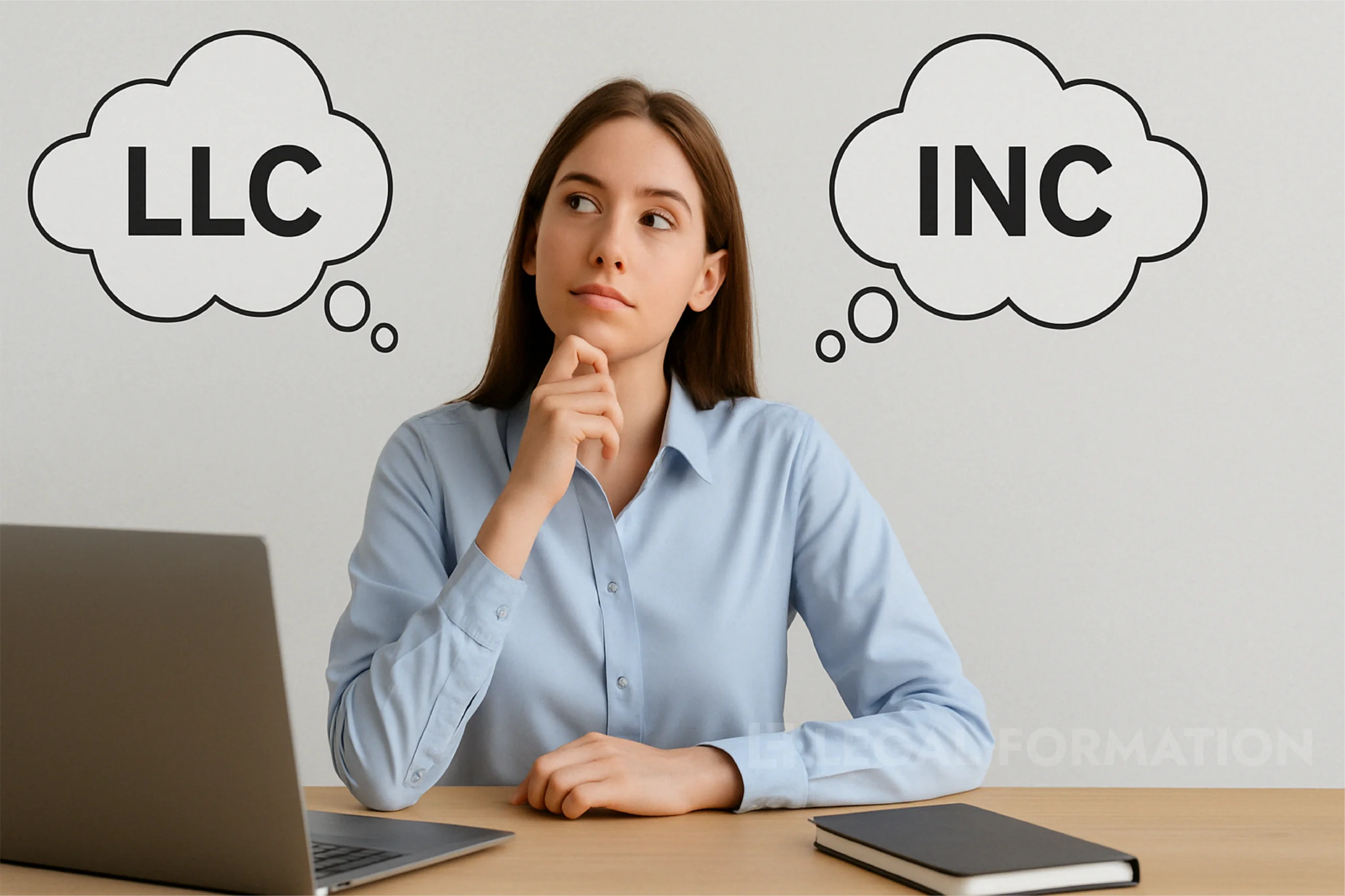 A professional woman at a desk deciding over a Wyoming LLC or a Wyoming Corporation.