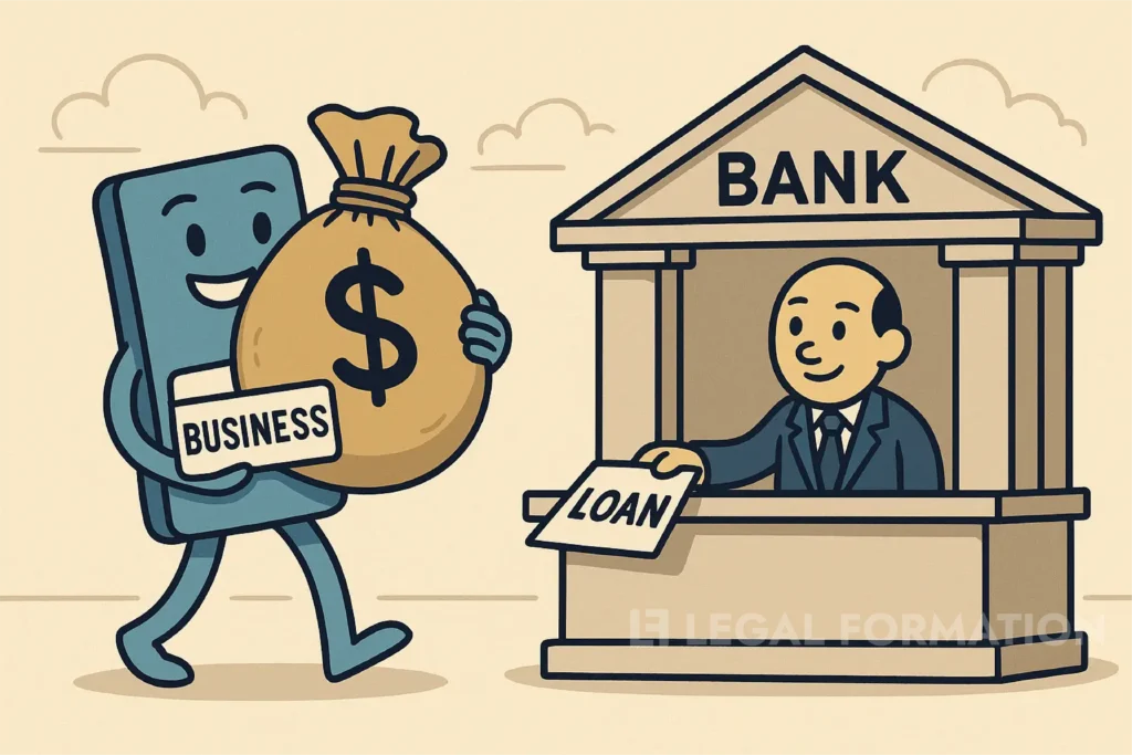 Cartoon of a business getting credit at a bank.