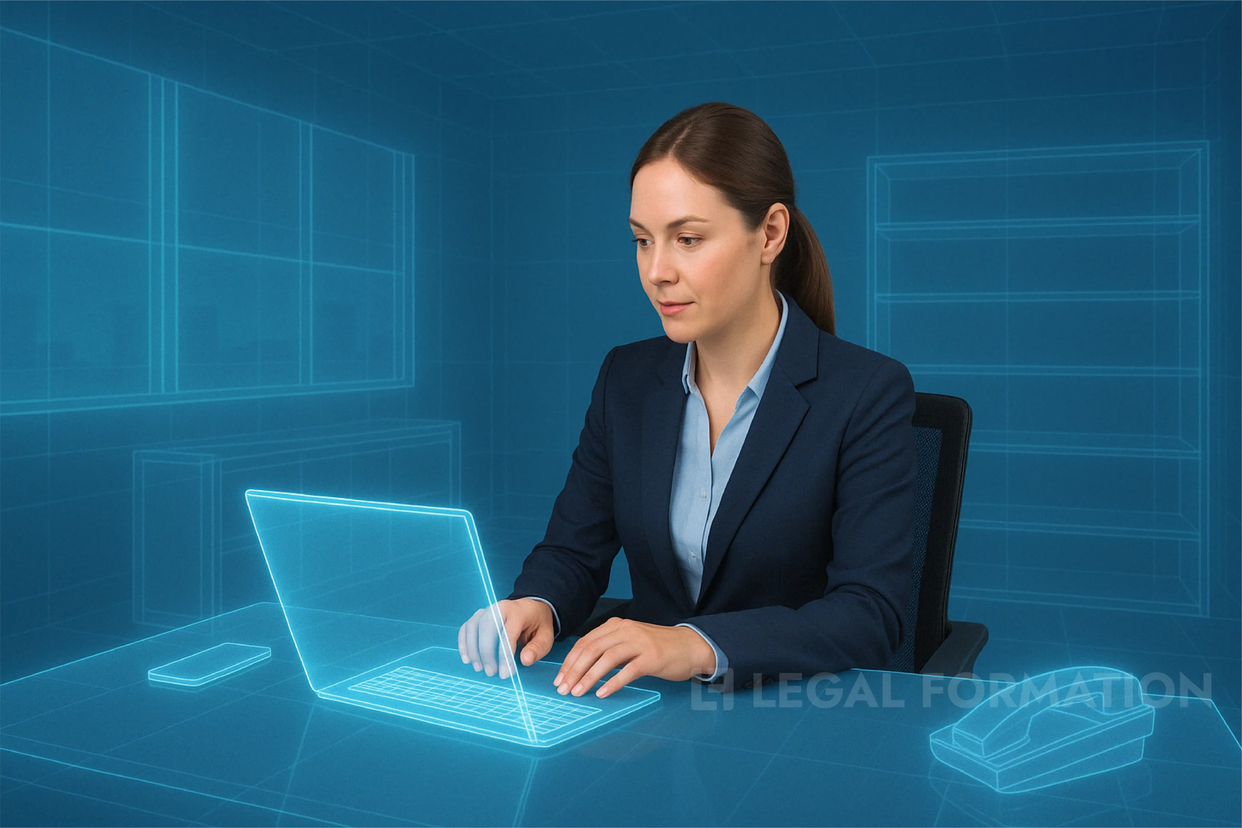 Woman in professional attire working at an office that is virtually in Wyoming.