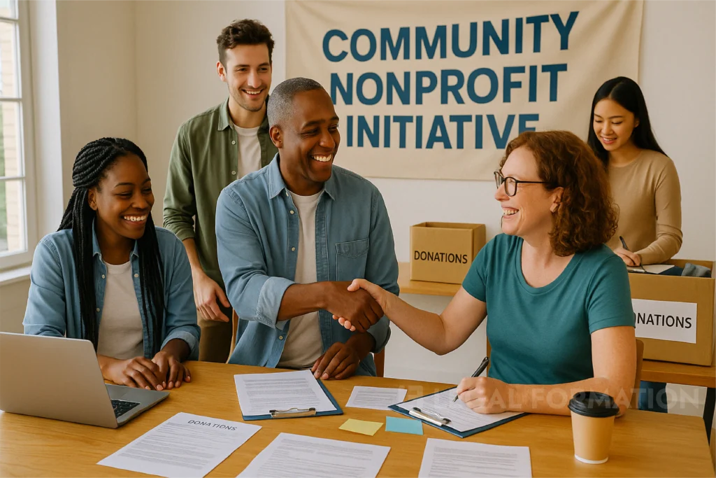 A diverse scene at a charity office.