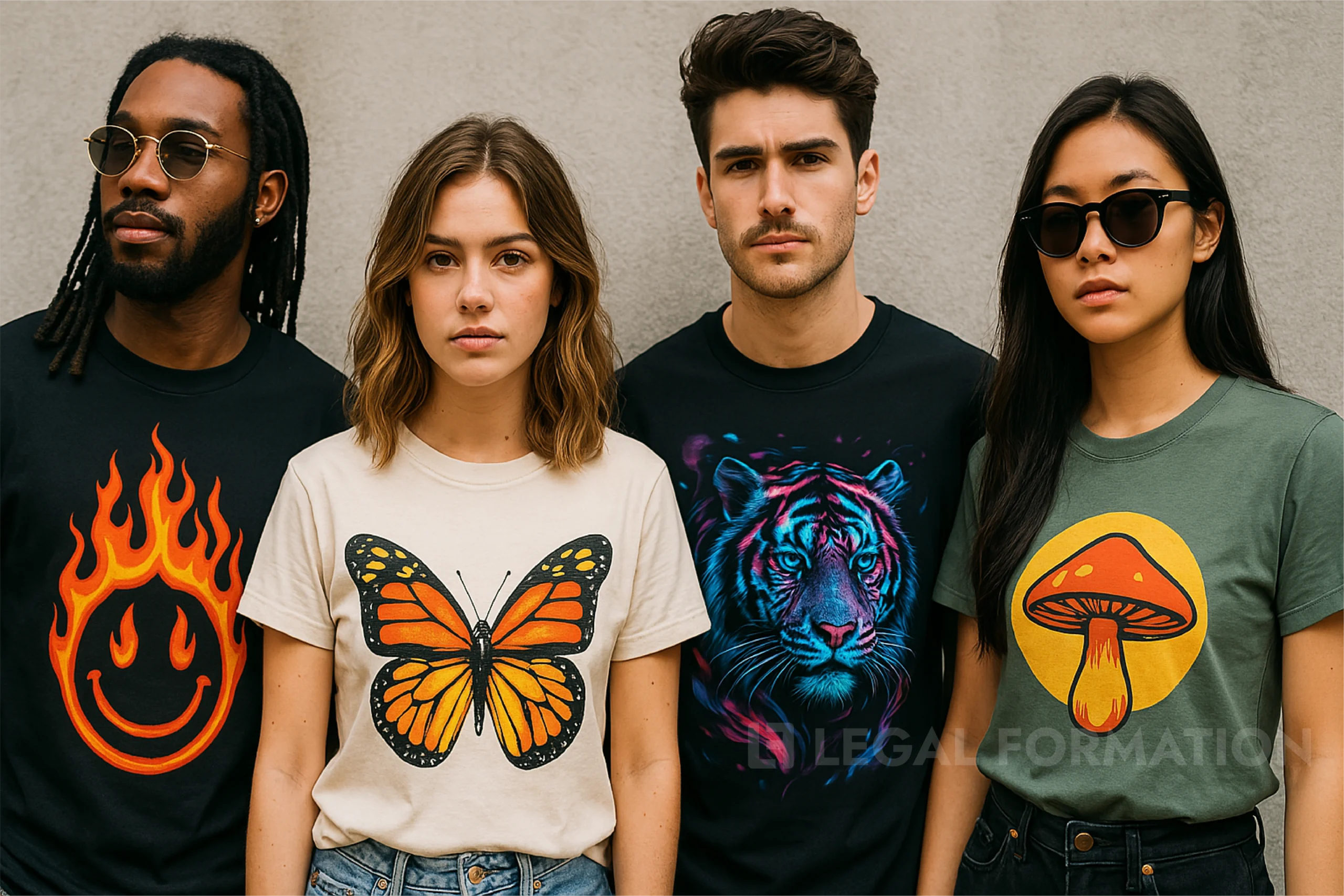 Millennials wearing cool printed t shirts made with a Wyoming LLC business.