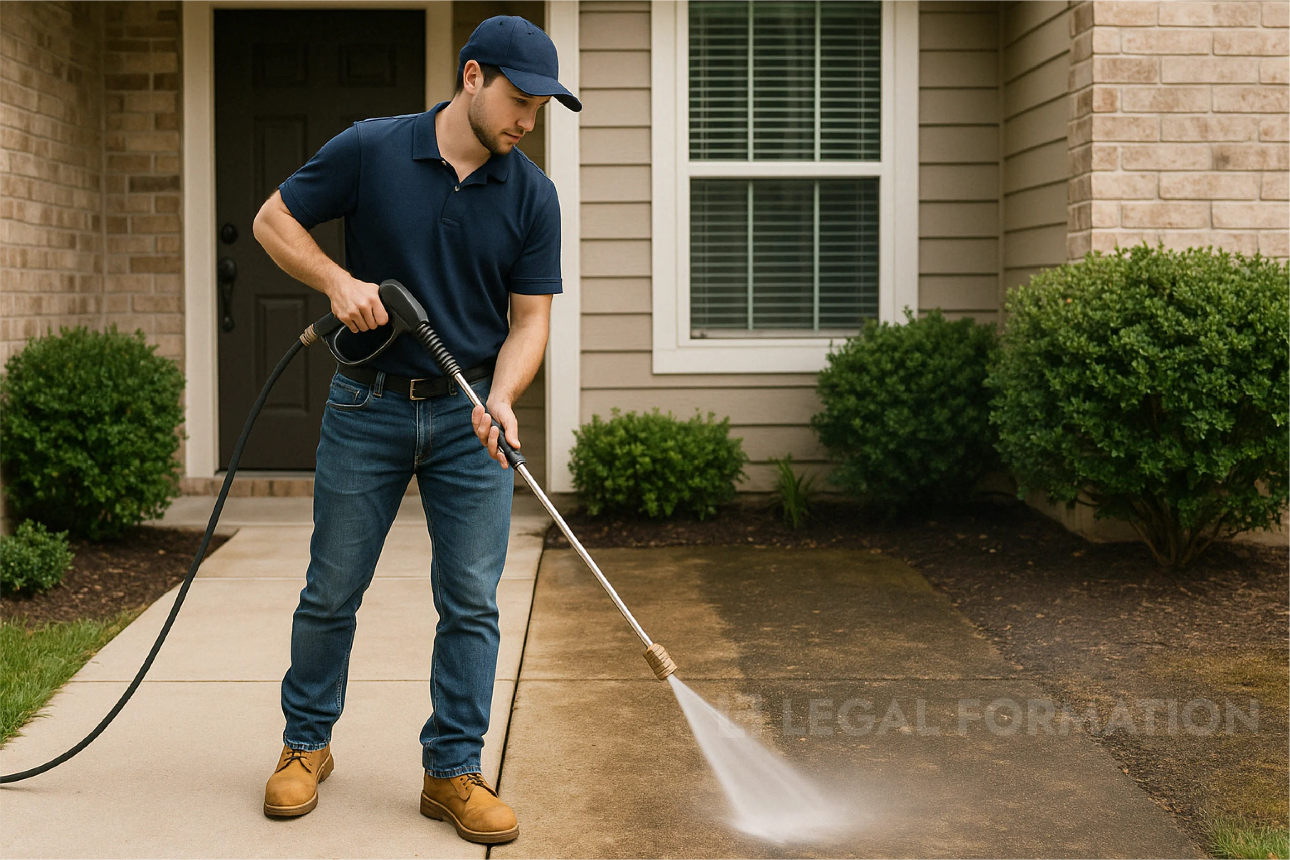 Uniformed man power washes concrete for his small business started with a Wyoming LLC.