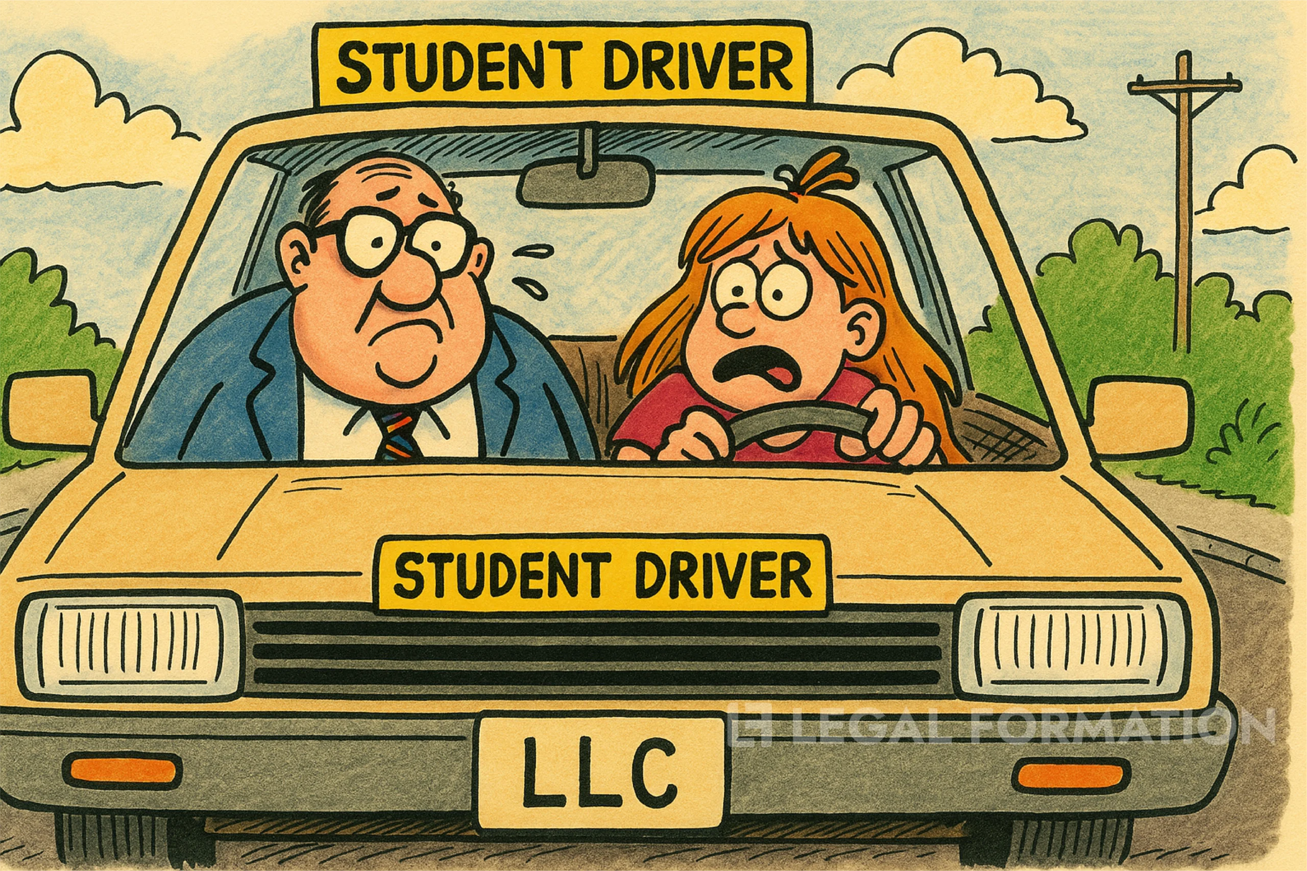 Funny cartoon of a student driver.