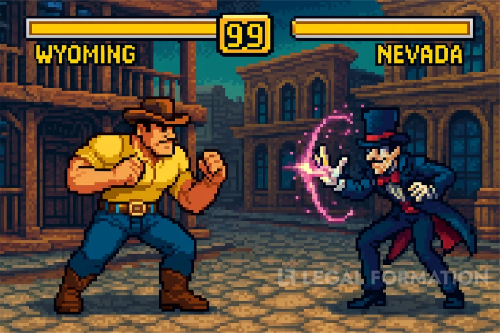 LLC video fighter game Wyoming LLC character vs Nevada LLC character.