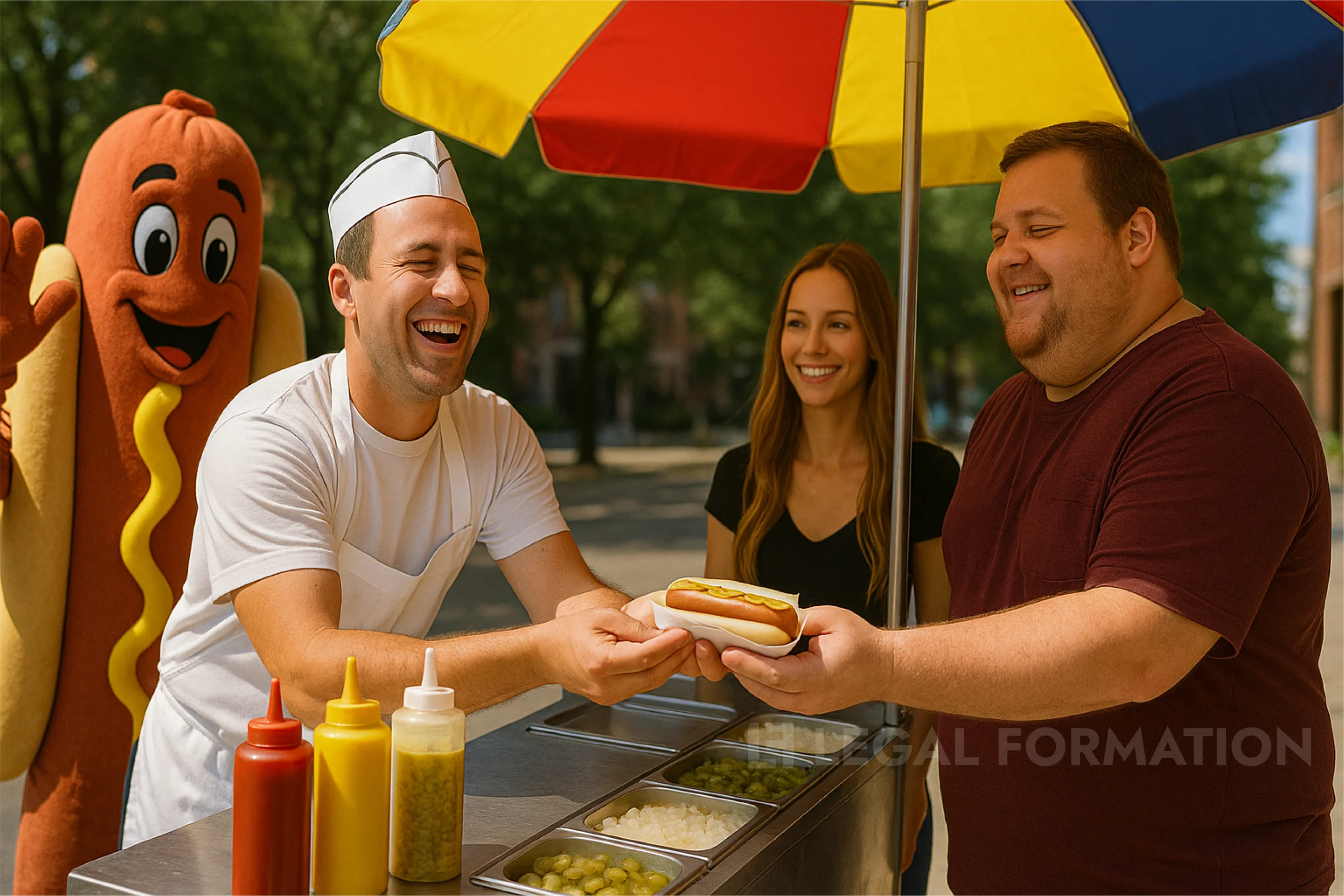 Food vendor selling hot dogs from his small business food cart.
