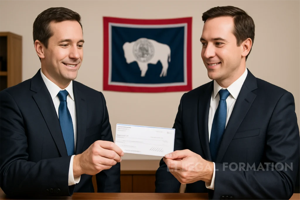 A Wyoming business man paying the mirror image of himself with a check.