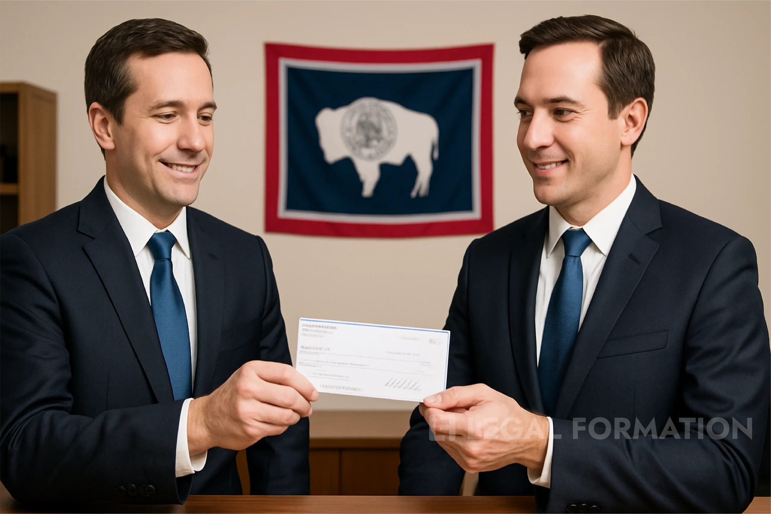 A Wyoming business man paying the mirror image of himself with a check.