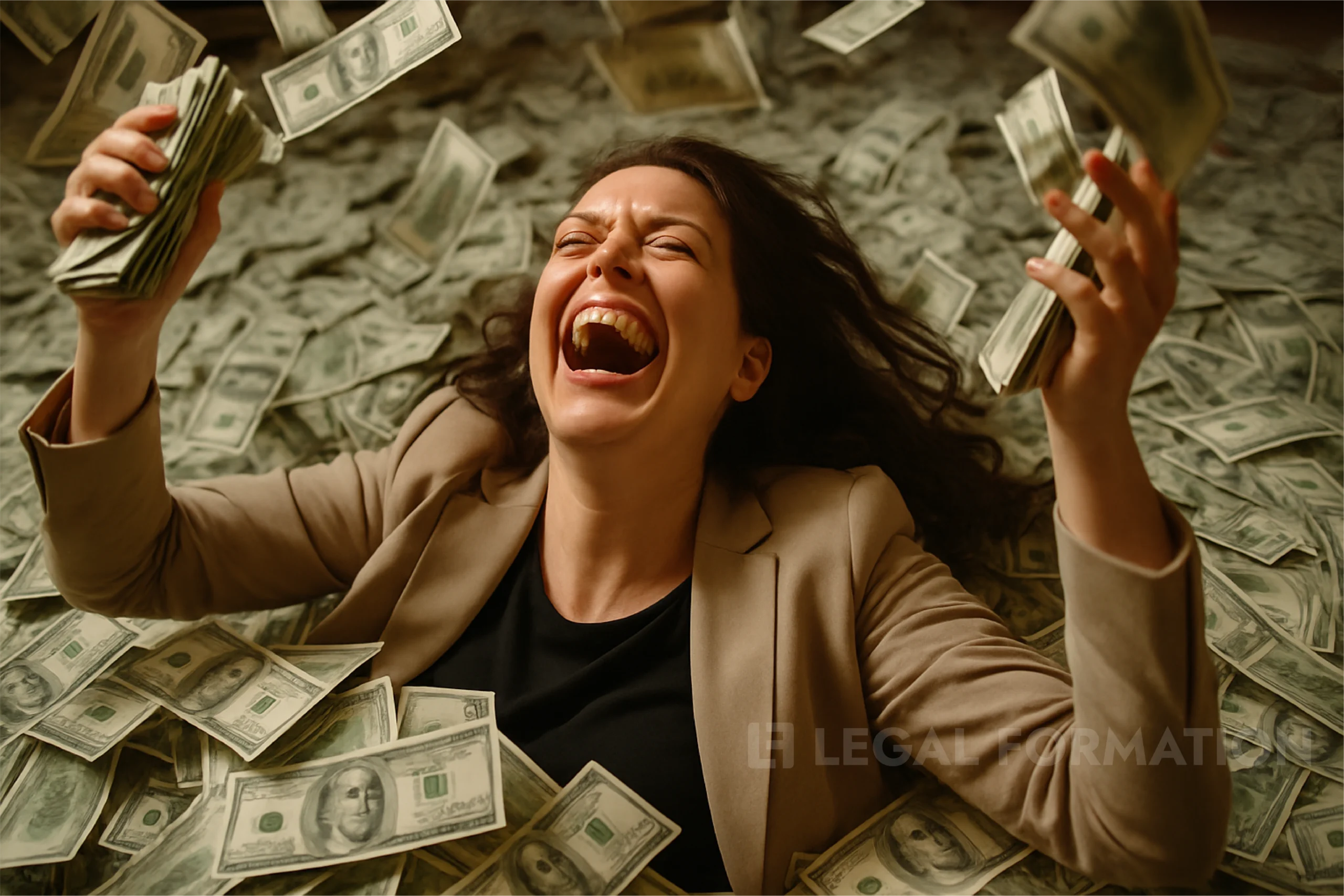 A woman is swimming in her extra money from Wyoming LLC savings.