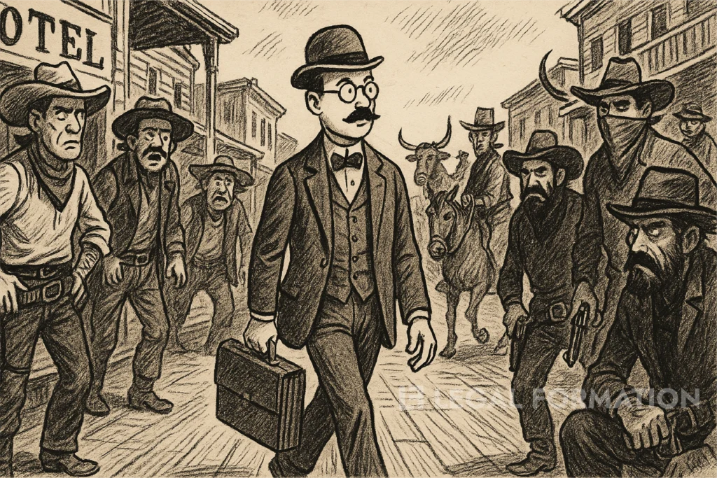A satire cartoon about the first business man in Wyoming.
