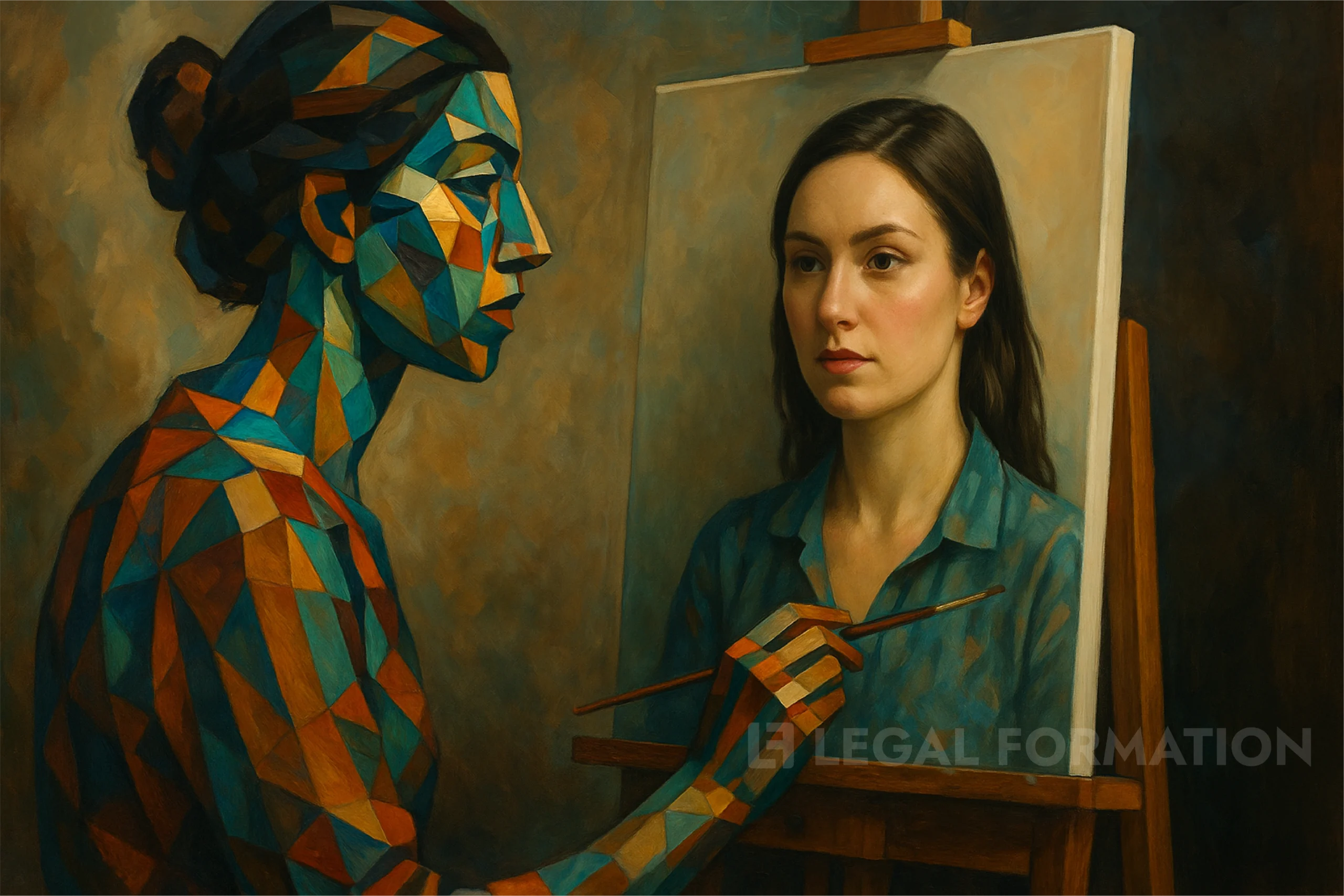 A painting paints the artist on the canvas.