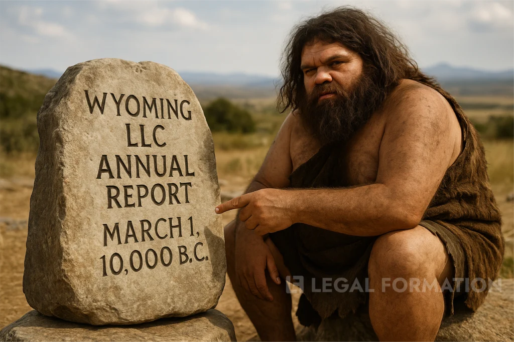 A caveman prepares to renew his Wyoming LLC in this funny pic.