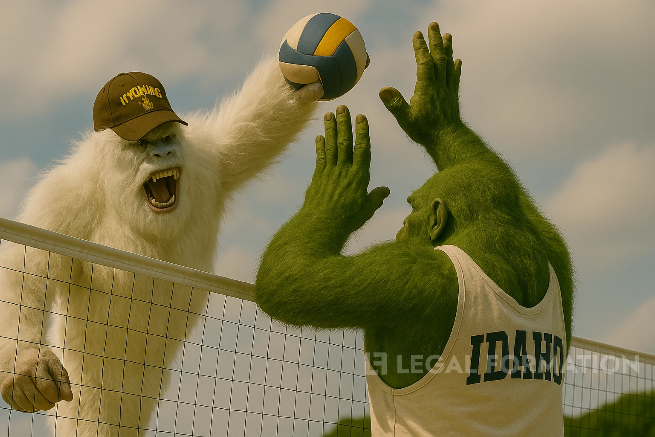 A Wyoming Yeti is slamming a volleyball in the face if an Idaho Sasquatch.