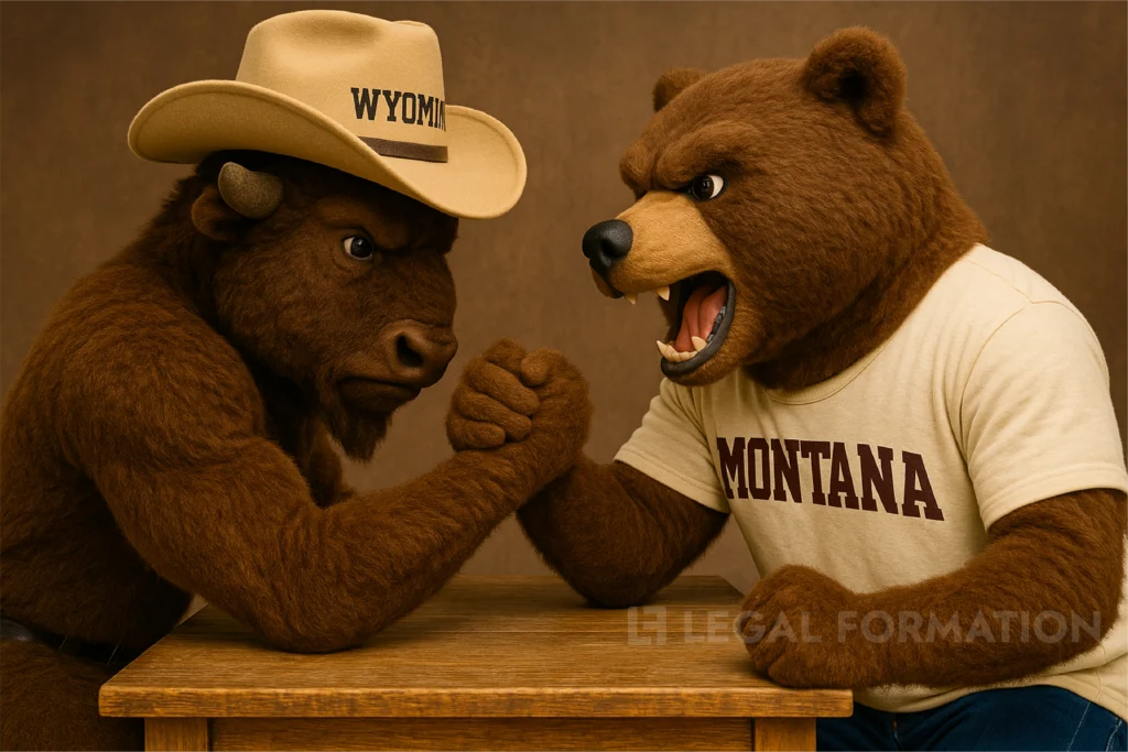 A Wyoming bison and a Montana bear arm wrestle to determine who has the better LLC.