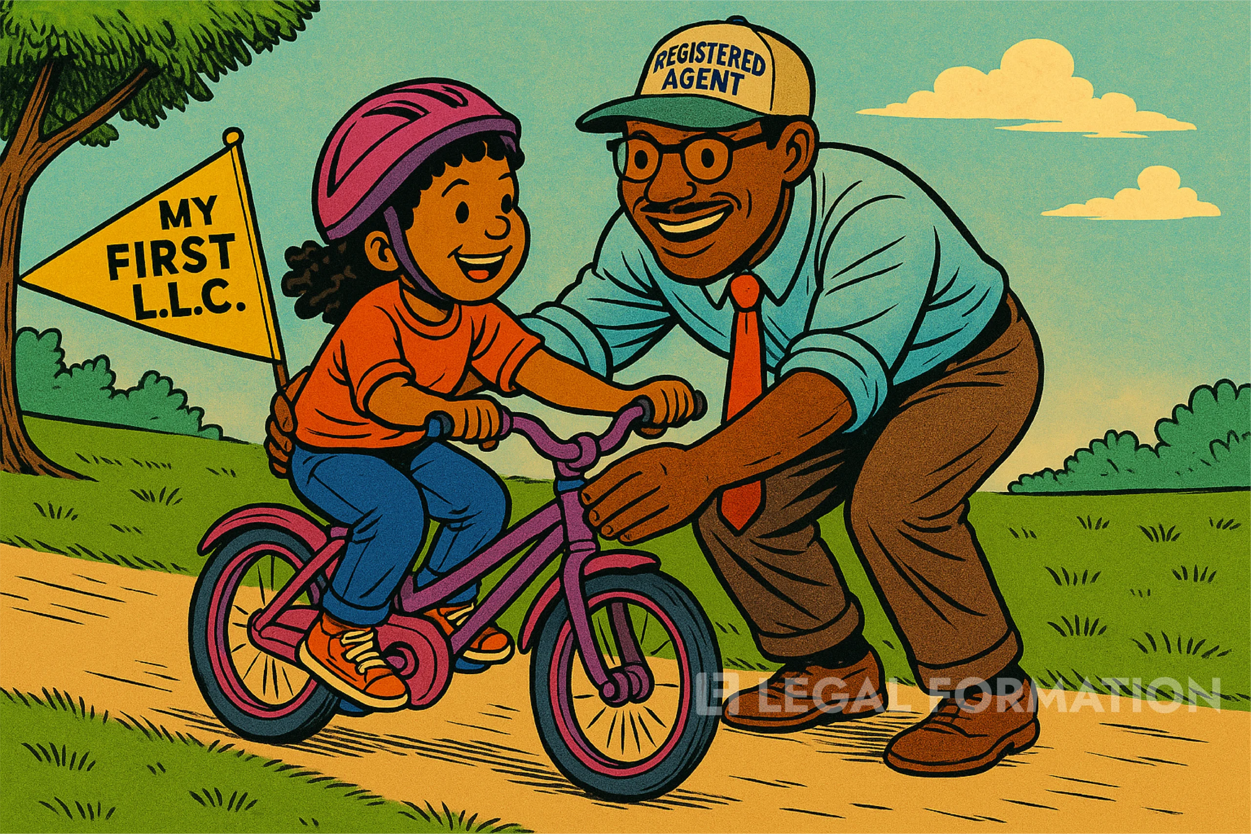 A Father (Wyoming Registered Agent) teaches a daughter how to ride a bike (Wyoming LLC).