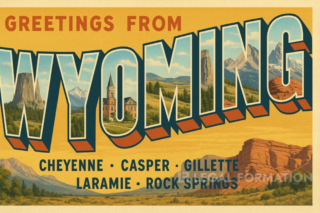 A postcard with Wyoming's biggest cities