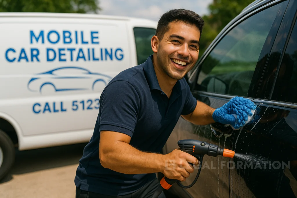 A man works at his auto detailing business.