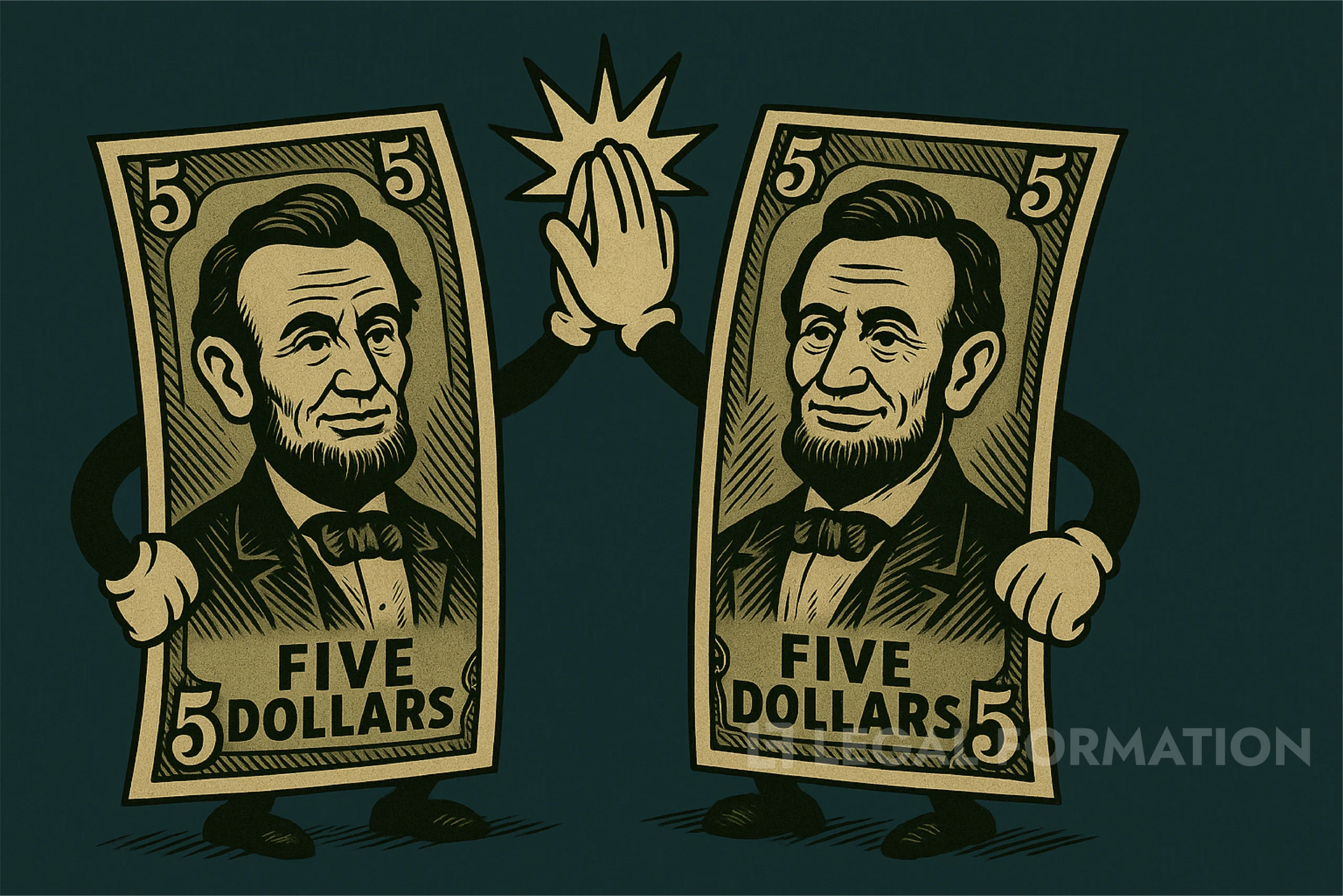 Two cartoon five dollar bills high five for selling on fiverr with a Wyoming LLC.