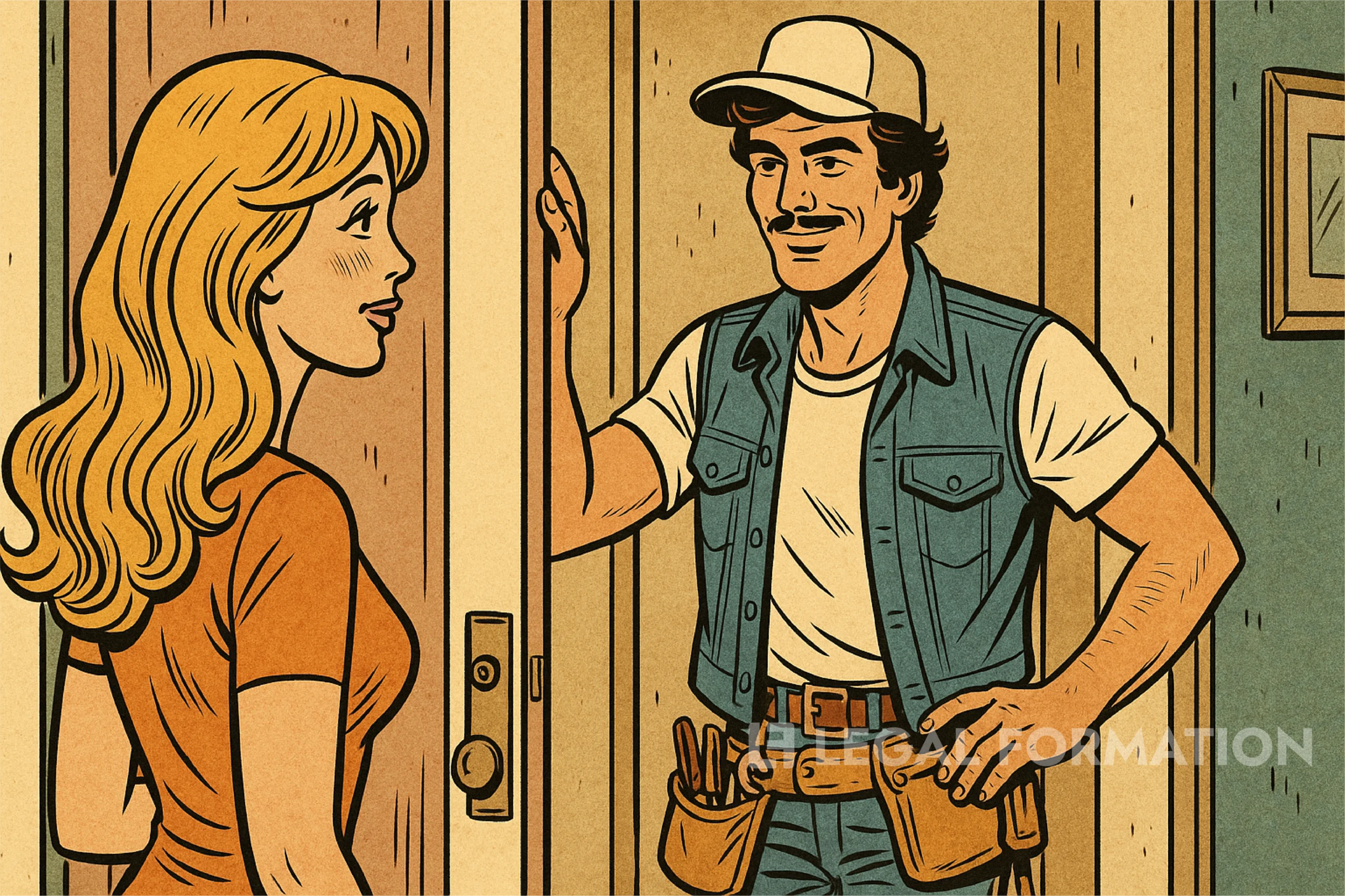 A 70s style swanky handyman is here to help the pretty tenant.