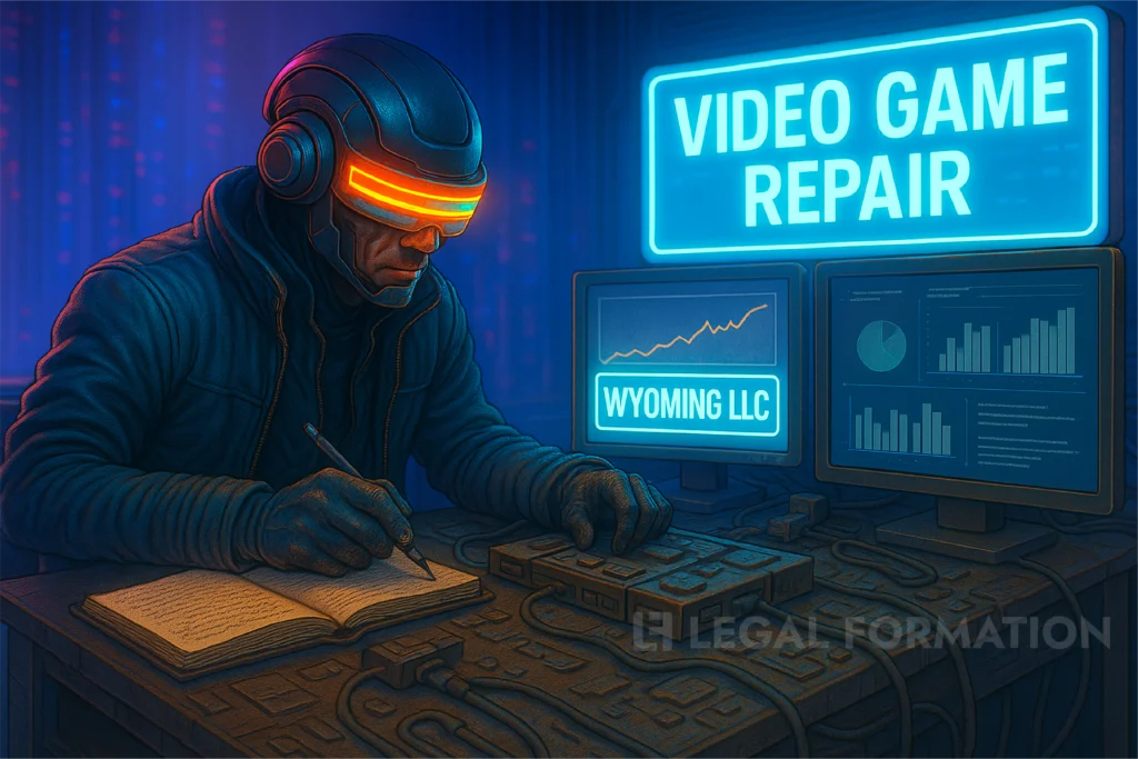 A technomancer works at his futuristic video game repair shop with his Wyoming LLC.