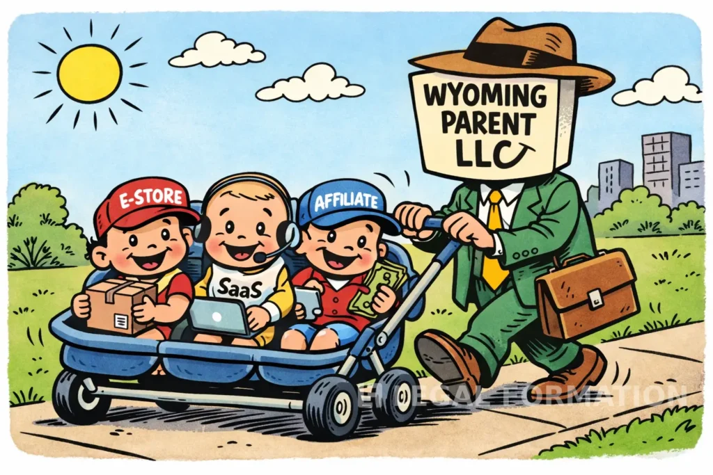 Cartoon of Wyoming LLC parent with its online business babies in a stroller.