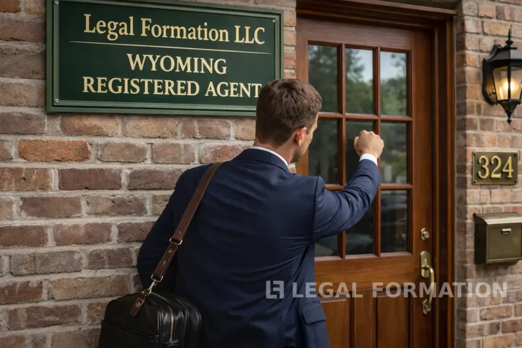 Man knocking on the door of a Wyoming Registered Agent business.Illustrating Wyoming registered agent legal requirements