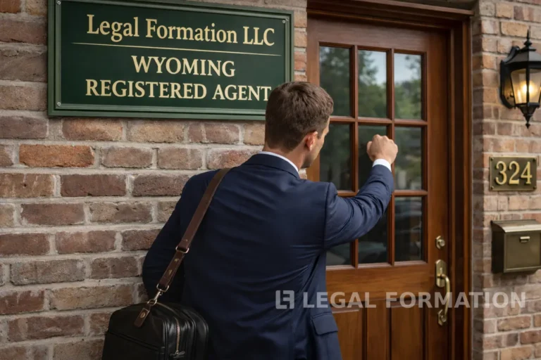 Man knocking on the door of a Wyoming Registered Agent business.Illustrating Wyoming registered agent legal requirements