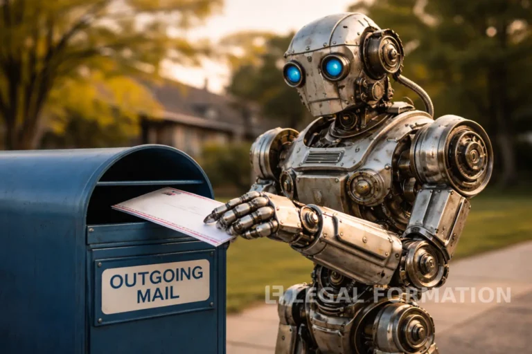 A robot mailing in his Wyoming LLC paperwork Ultra realistic photo.