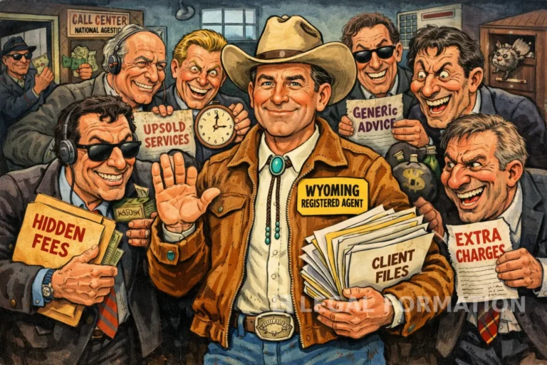 Illustration of national registered agents surrounding an honest Wyoming Registered Agent